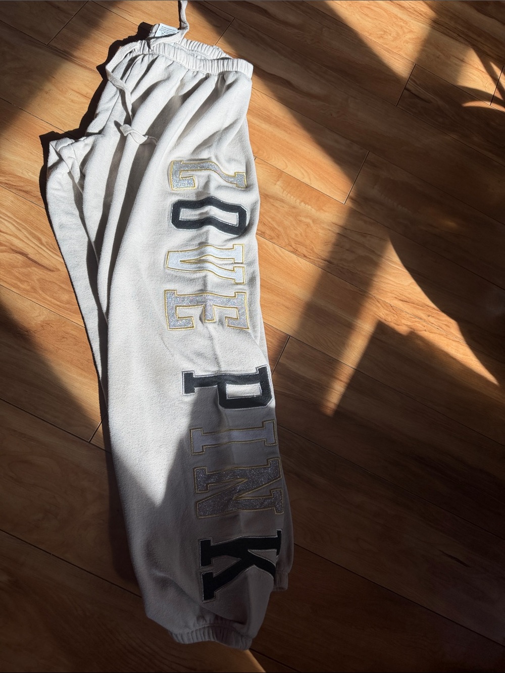 Y2K PINK Victoria's Secret Light Gray Sweatpants with Black and Gold Lettering